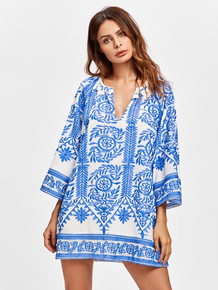 Shein All Over Embroidered Tassel Trim Dress