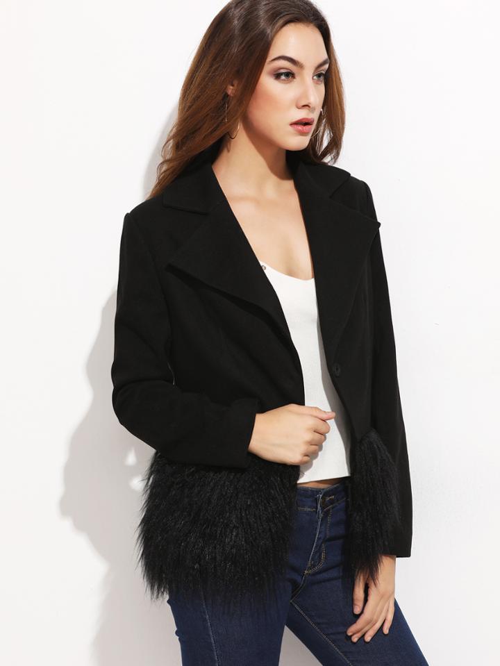 Shein Black Notch Collar Faux Fur Trim Blazer