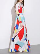 Shein Multicolor Lapel Long Sleeve Print Maxi Dress