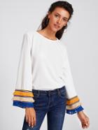 Shein Embroidery Tape And Fringe Bell Sleeve Textured Blouse