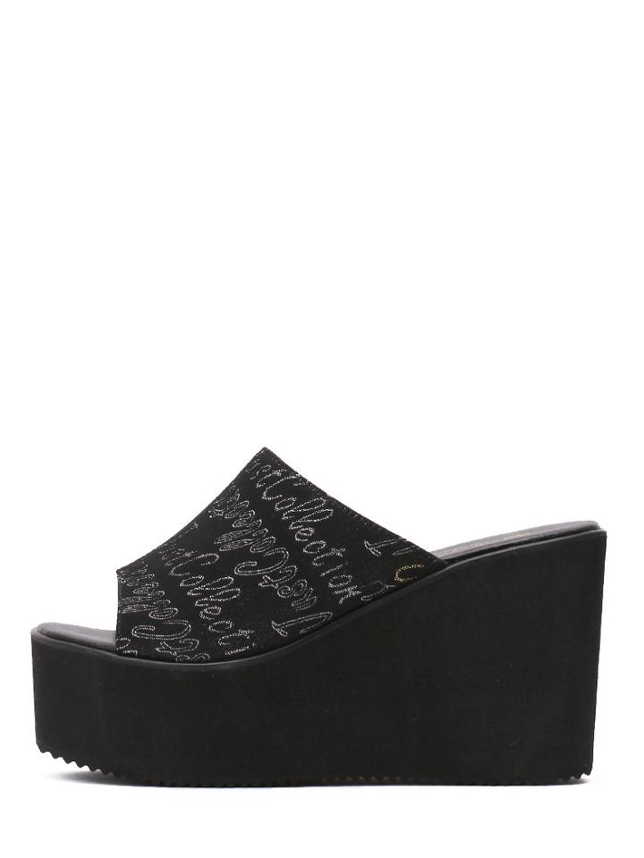 Shein Black Peep Toe Letters Print Wedge Slippers