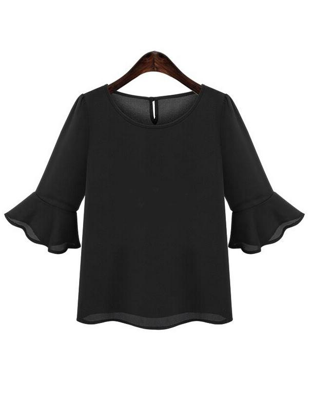 Shein Black Round Neck Bell Sleeve Chiffon Blouse