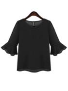 Shein Black Round Neck Bell Sleeve Chiffon Blouse