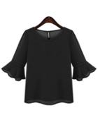 Shein Black Round Neck Bell Sleeve Chiffon Blouse