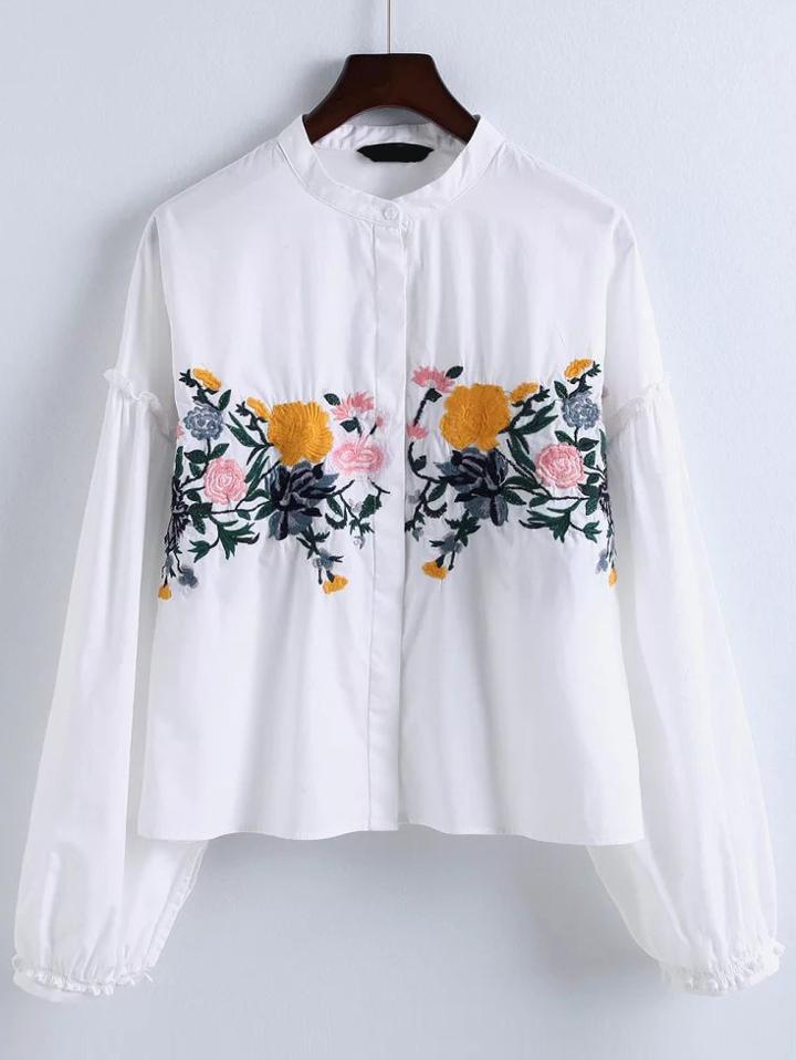 Shein Flower Embroidery Ruffle Trim Blouse