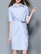 Shein Blue White Striped Lapel Beading Dress
