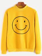 Shein Yellow Ribbed Trim Smiley Face Print Sweatshirt
