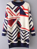 Shein Navy Geometric Pattern Rolled Neck Dip Hem Sweater Dress