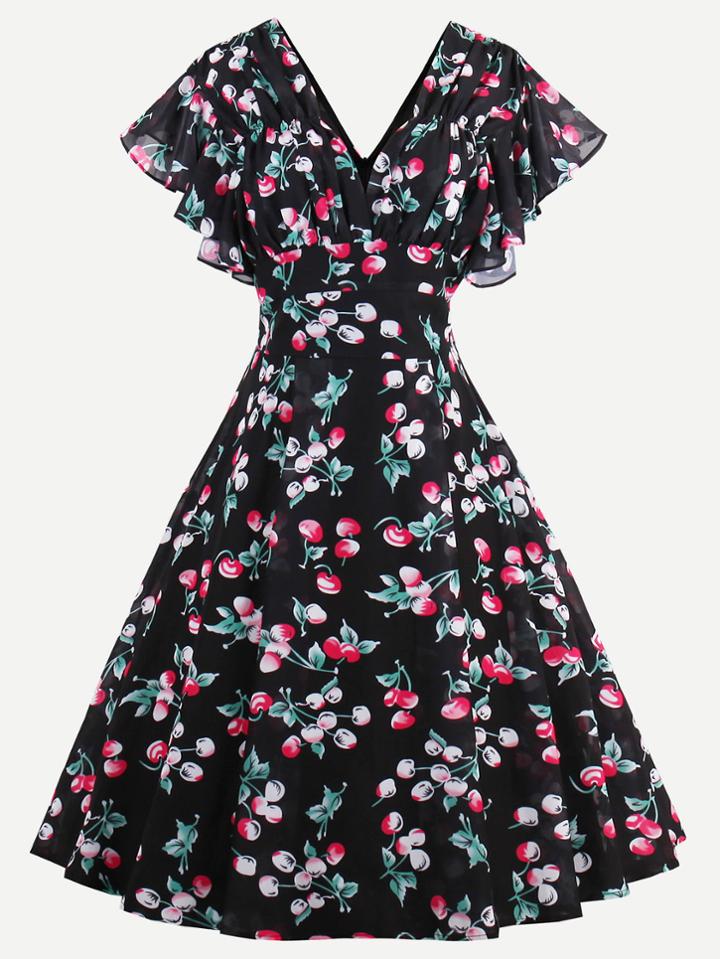 Shein Double V Butterfly Sleeve Cherry Print Circle Dress