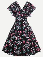 Shein Double V Butterfly Sleeve Cherry Print Circle Dress