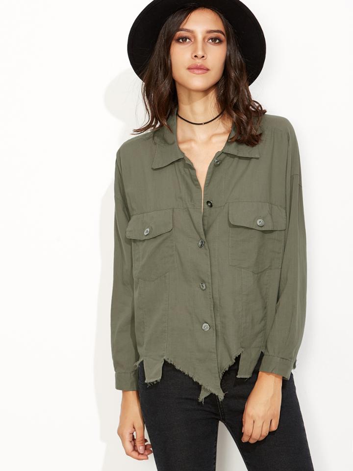 Shein Army Green Asymmetric Distressed Blouse