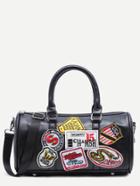 Shein Black Faux Leather Logo Patch Barrel Bag