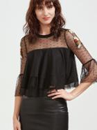 Shein Black Embroidered Sheer Shoulder Layered Dotted Mesh Top