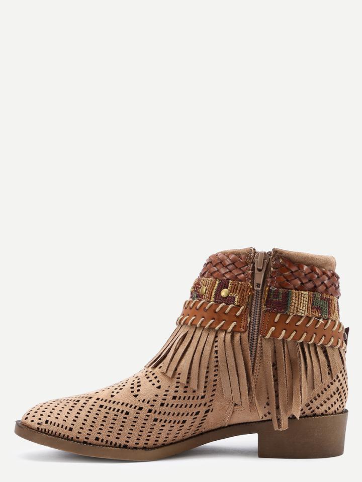 Shein Faux Suede Lacer-cut Wrap Strap Fringe Boots - Khaki