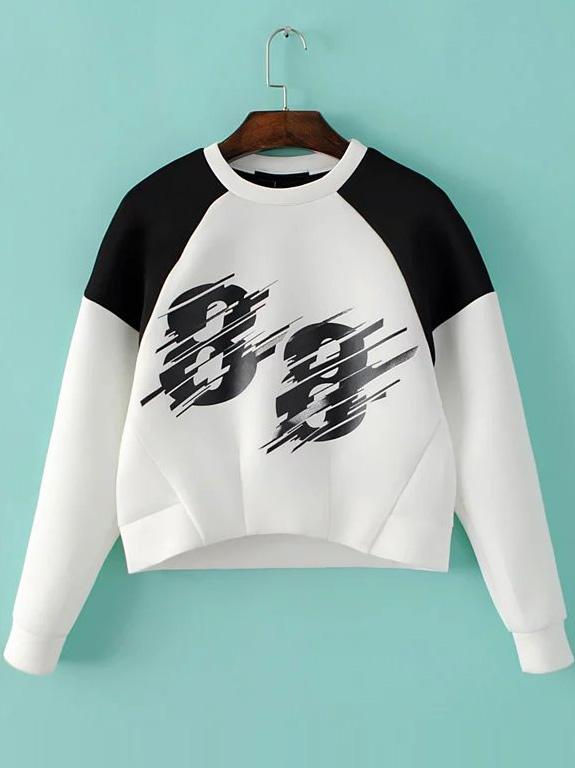 Shein White Color Block Number Print Sweatshirt