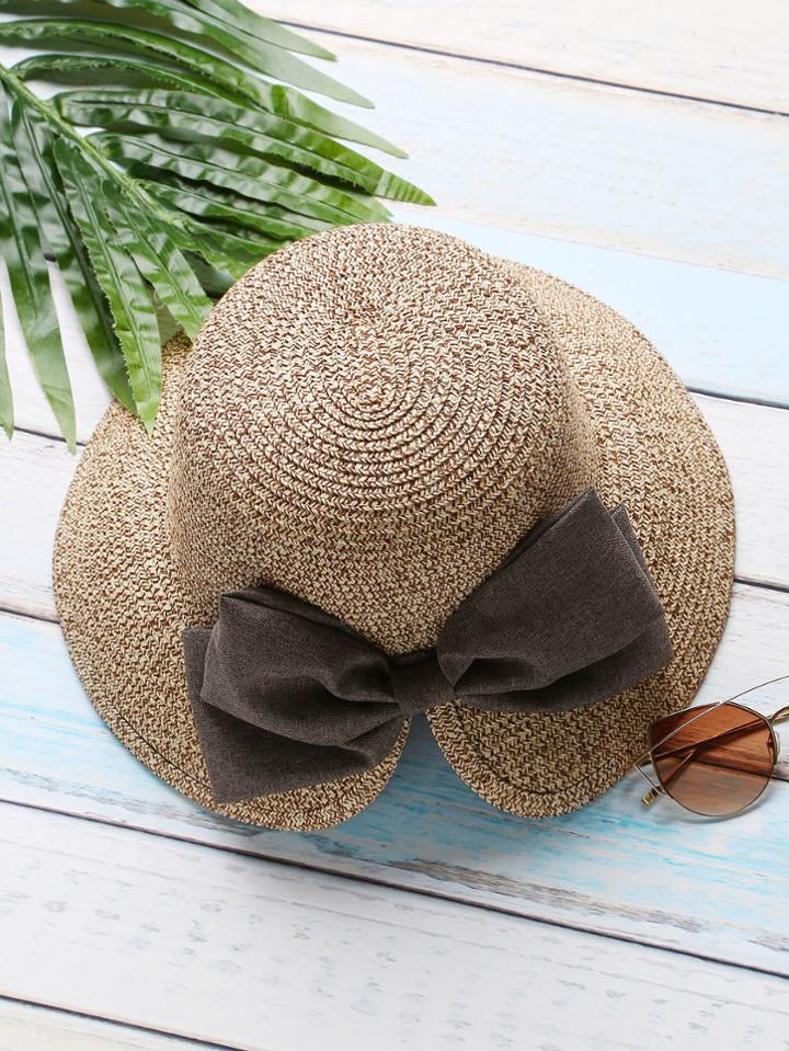 Shein Coffee Slit Design Straw Hat With Bow