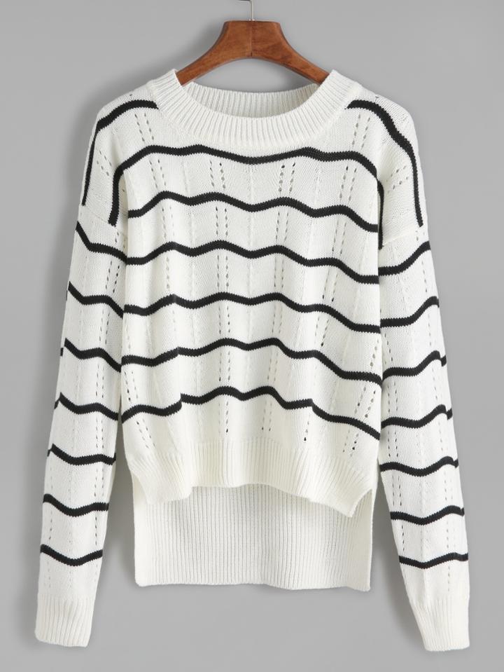 Shein White Wave Pattern High Low Eyelet Sweater