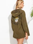 Shein Army Green Dog Print Drawstring Hem Hooded Coat