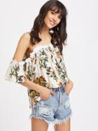 Shein Cold Shoulder Tropical Print Lace Trim Top