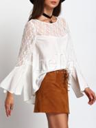 Shein Beige Bell Sleeve Contrast Lace Blouse