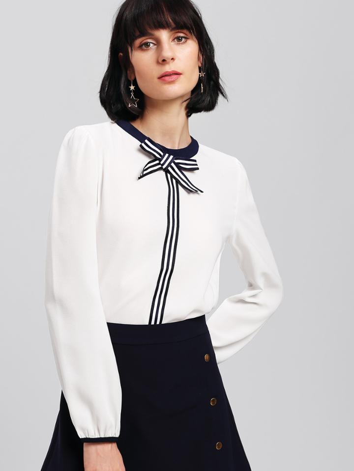 Shein Stripe Contrast Bow Blouse