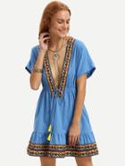 Shein Blue V Neck Short Sleeve Tie Waist Dress