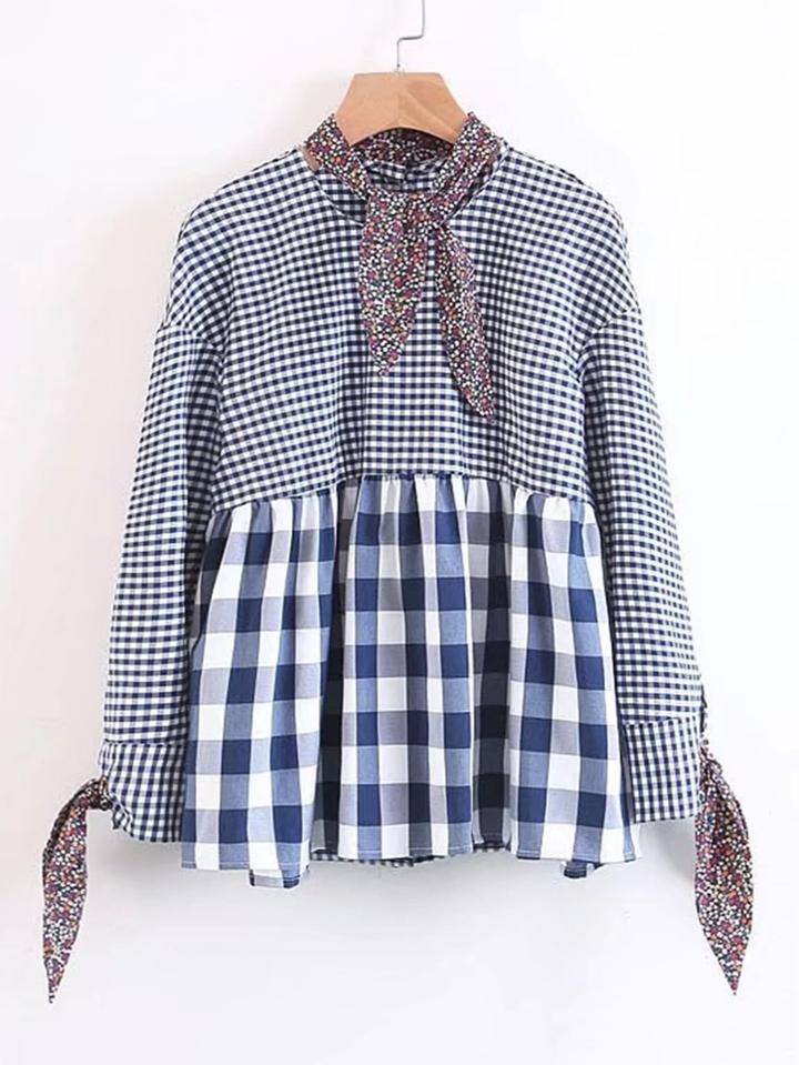 Shein Calico Tie Gingham Babydoll Blouse