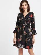 Shein Black Florals V Neck Tiered Bell Sleeve Wrap Dress