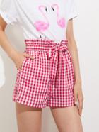 Shein Ruffle Drawstring Waist Gingham Shorts With Hidden Pocket