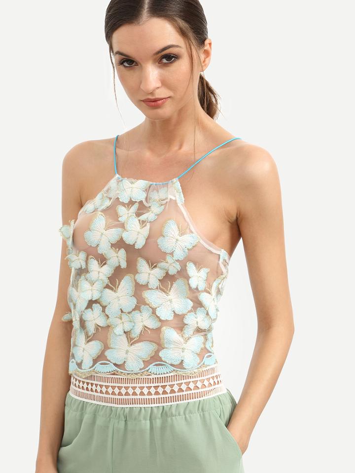 Shein White Butterfly Embroidered Mesh Cami Top