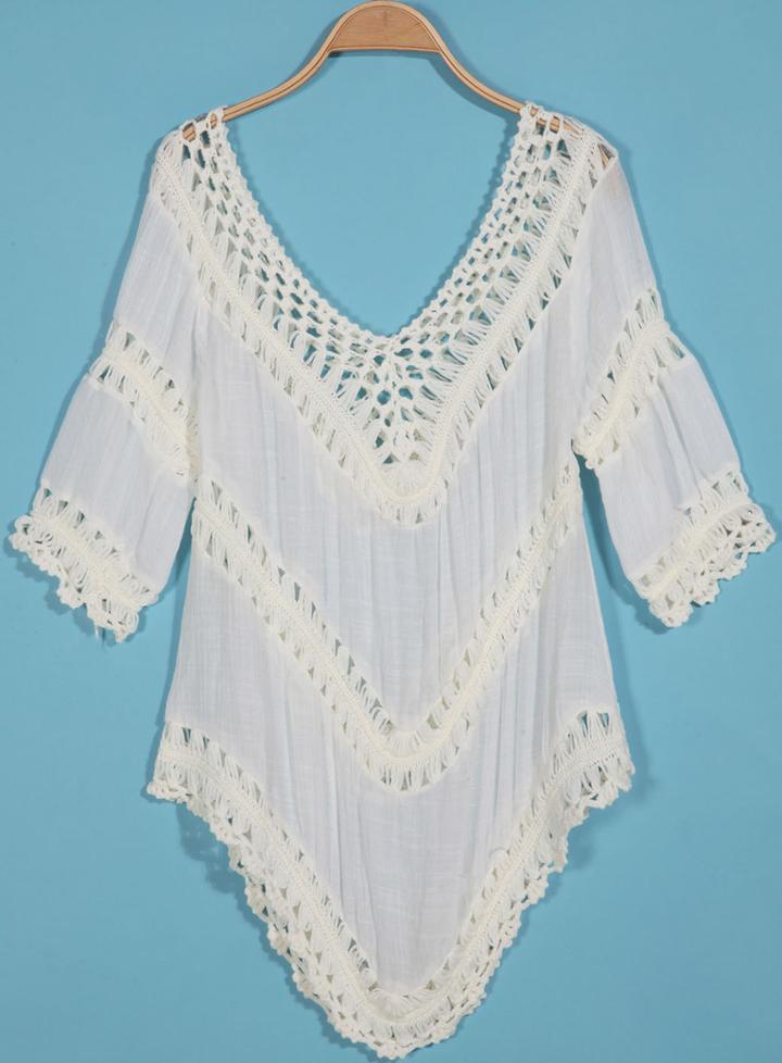 Shein White V Neck Hollow Loose Blouse