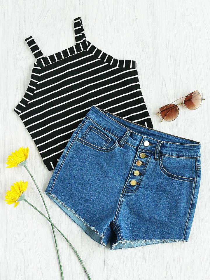 Shein Buttoned Fly Raw Hem Denim Shorts