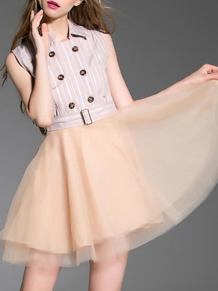 Shein Apricot Lapel Belted Gauze A-line Dress