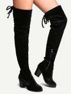 Shein Black Velvet Almond Toe Tie Back Thigh High Boots