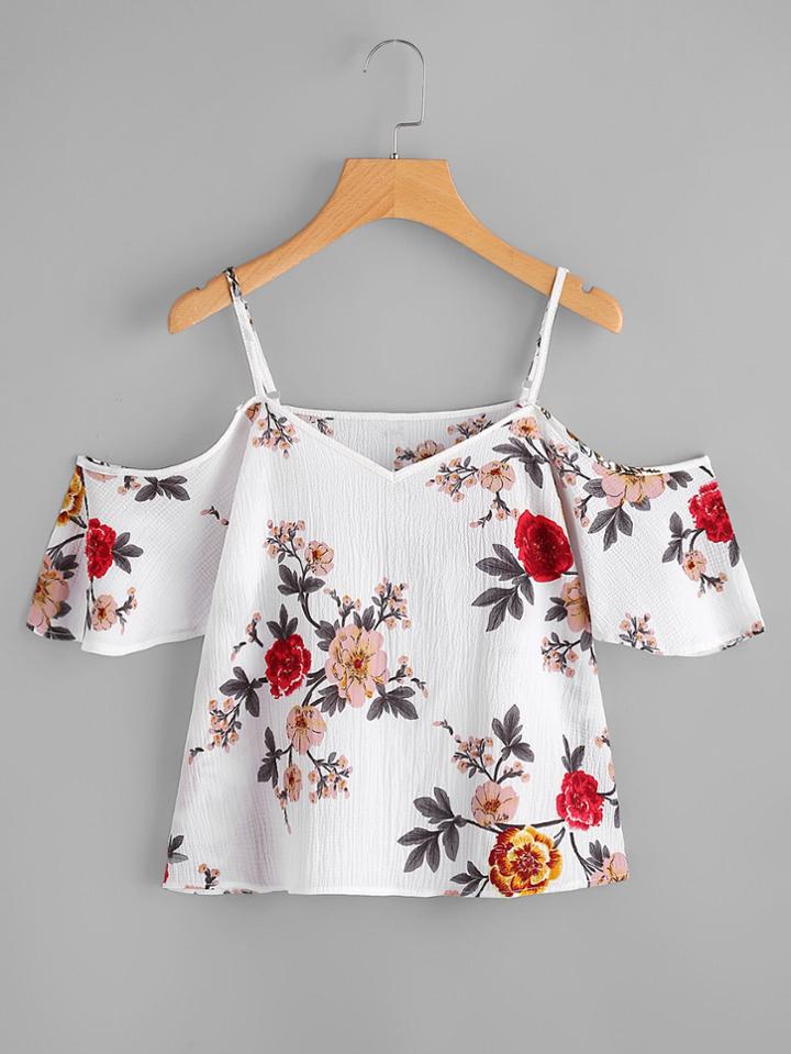 Shein Random Flower Print Cold Shoulder Top