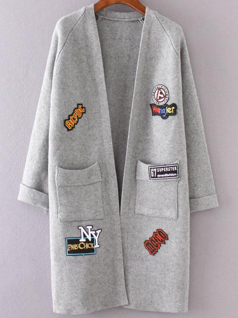 Shein Grey Raglan Sleeve Patch Long Cardigan With Pockets