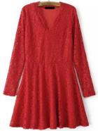 Shein Red V Neck Long Sleeve Lace Dress