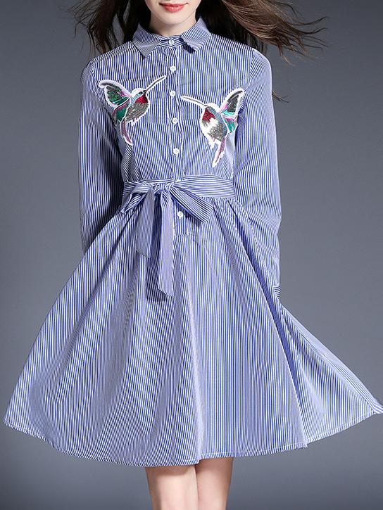 Shein Blue Striped Birds Embroidered Tie-waist Dress