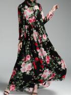 Shein Black Tie Neck Sequined Rose Print Dress