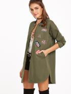 Shein Olive Green Pocket Front Zip Up Jacket With Patch Detail