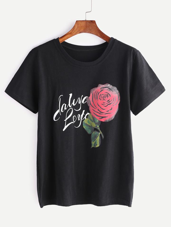 Shein Black Letter And Rose Print T-shirt