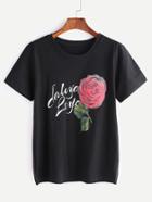 Shein Black Letter And Rose Print T-shirt