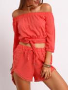 Shein Red Boat Neck Crop Top With Drawstring Shotrs