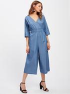 Shein Surplice Front Wide Leg Chambray Blouson Jumpsuit