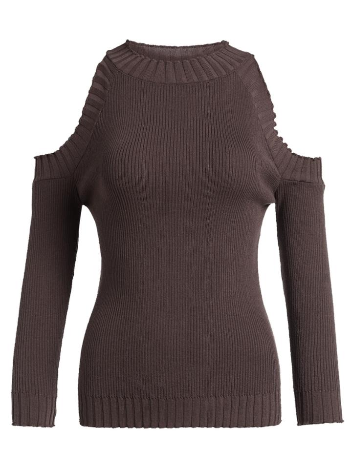 Shein Khaki Open Shoulder Ribbed Sweater