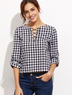 Shein Black Gingham Lace Up V Neck High Low Blouse