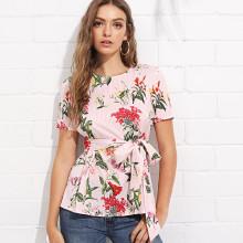 Shein Self Tie Floral & Striped Top