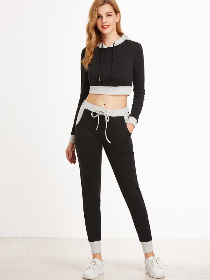 Shein Black Contrast Trim Crop Hoodie With Drawstring Pants