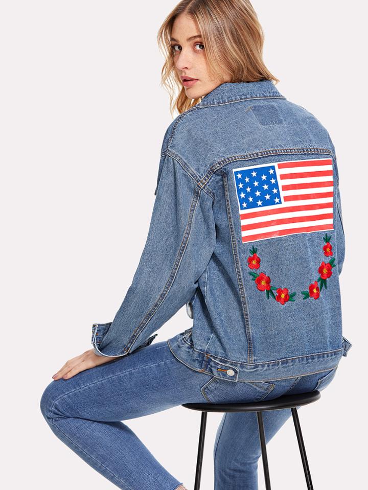 Shein Flag Print Pocket Front Denim Jacket