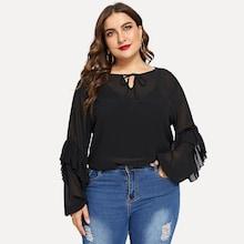 Shein Plus Knot Front Ruffle Trim Semi Sheer Top